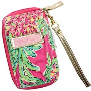 Women's Lilly Pulitzer Pink Green & Gold Tropical Floral Wristlet Wallet